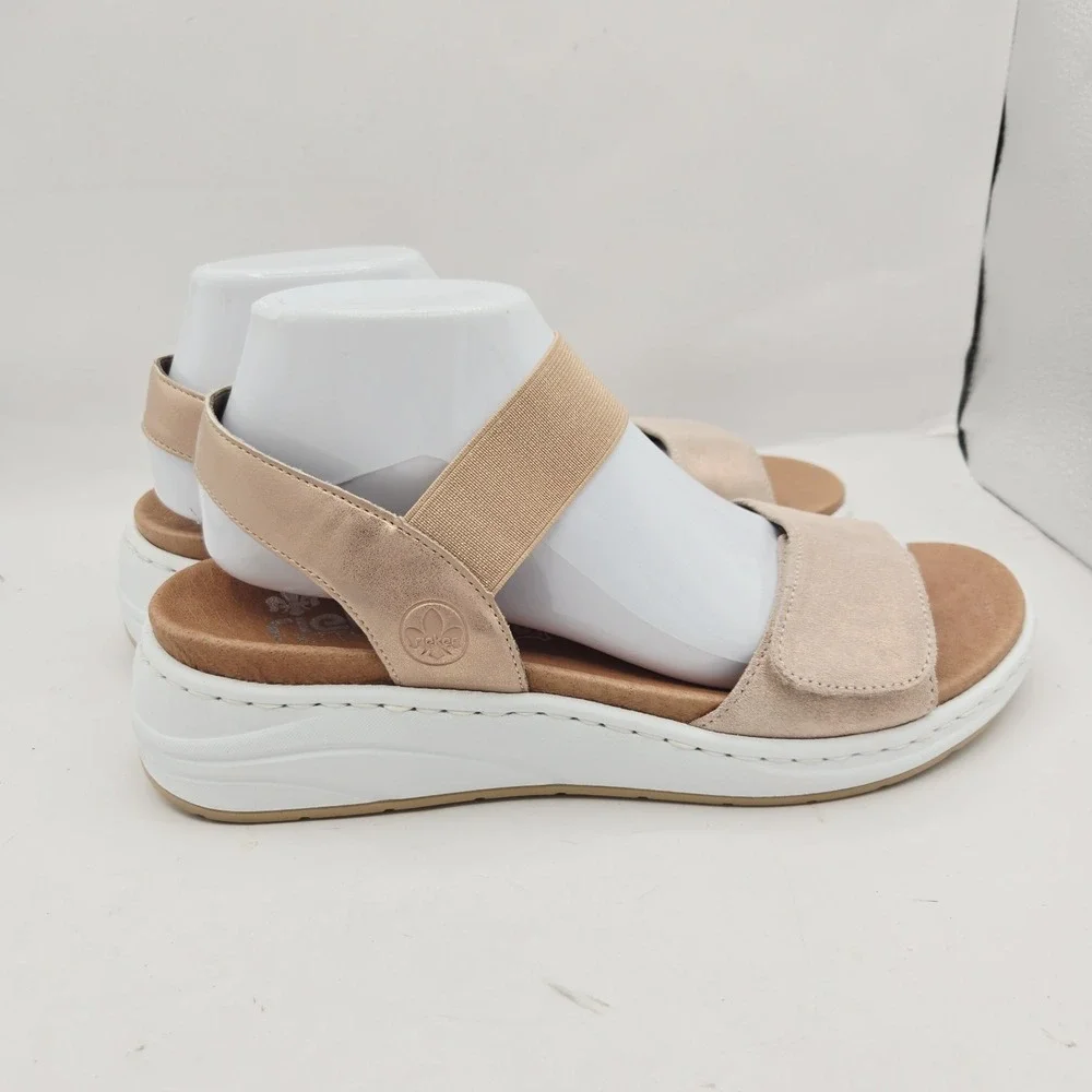Rieker sandals size 10.5 rose gold small wedge elastic and hook and loop closure